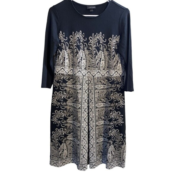 J Jill Dress Black Wearever Paisley Print 3/4 Sleeve Knee Length Pull On XSP - Picture 1 of 8